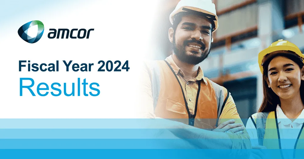 Two Amcor workers with the text Amcor results, Fiscal year 2024