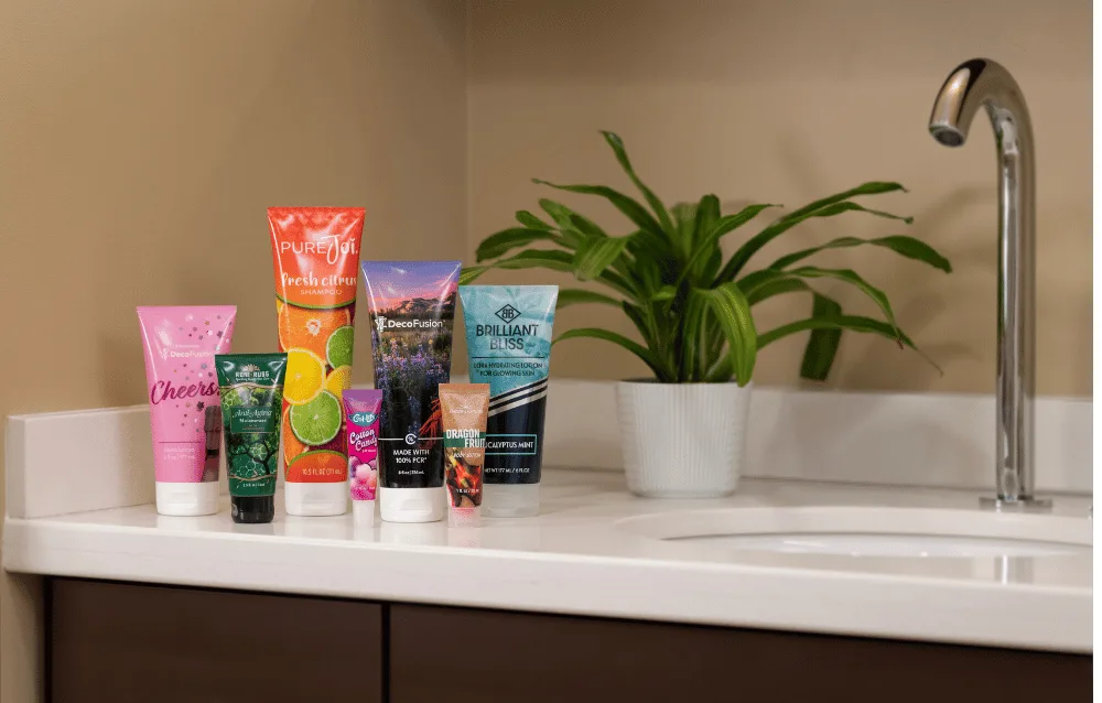 Colorful personal care products on a bathroom counter