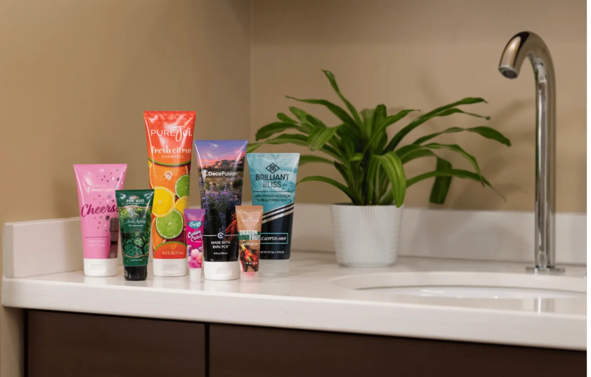 Colorful personal care products on a bathroom counter