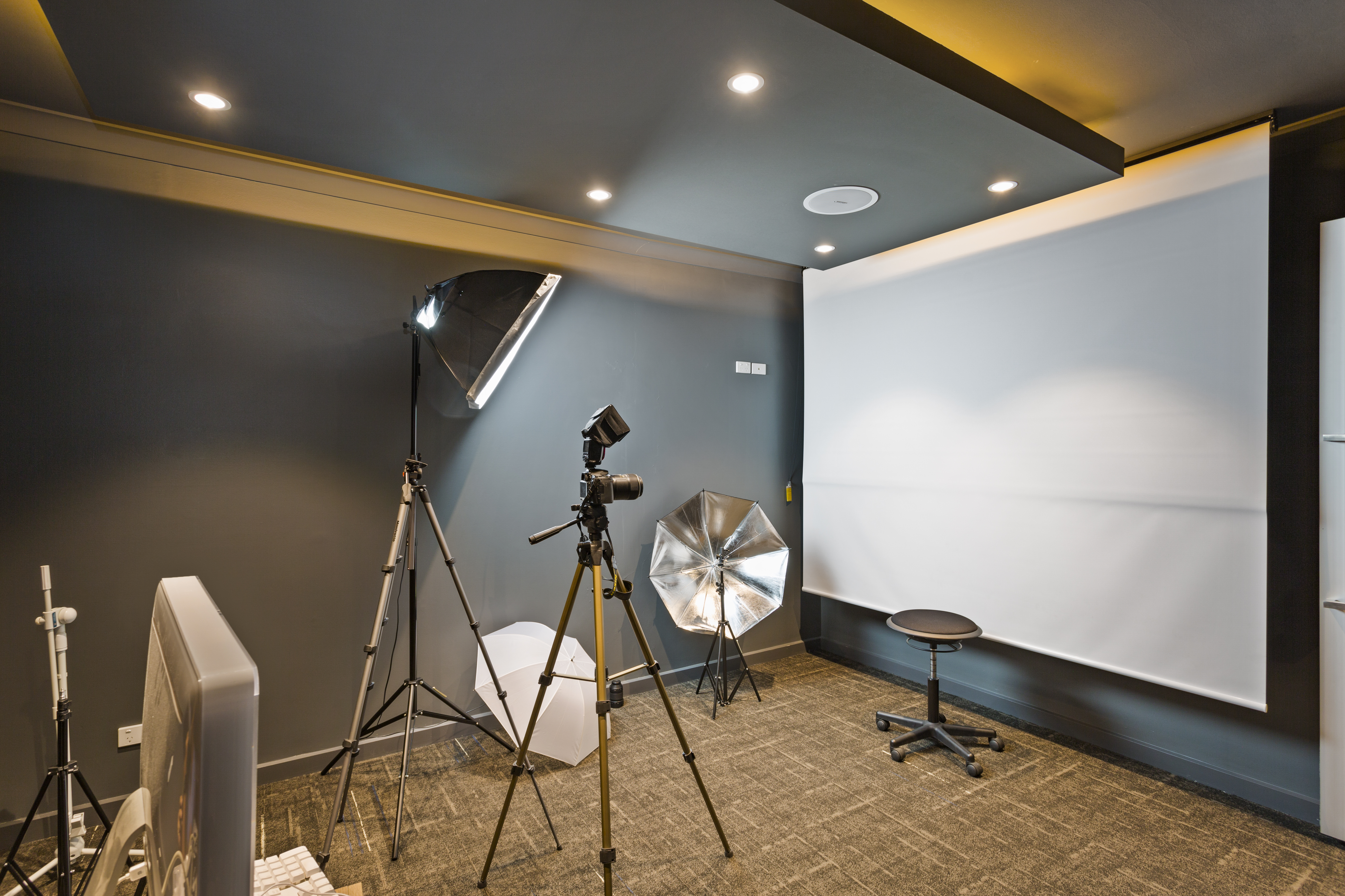 Studio setup with DSLR camera, softboxes, reflectors and screen backdrop.
