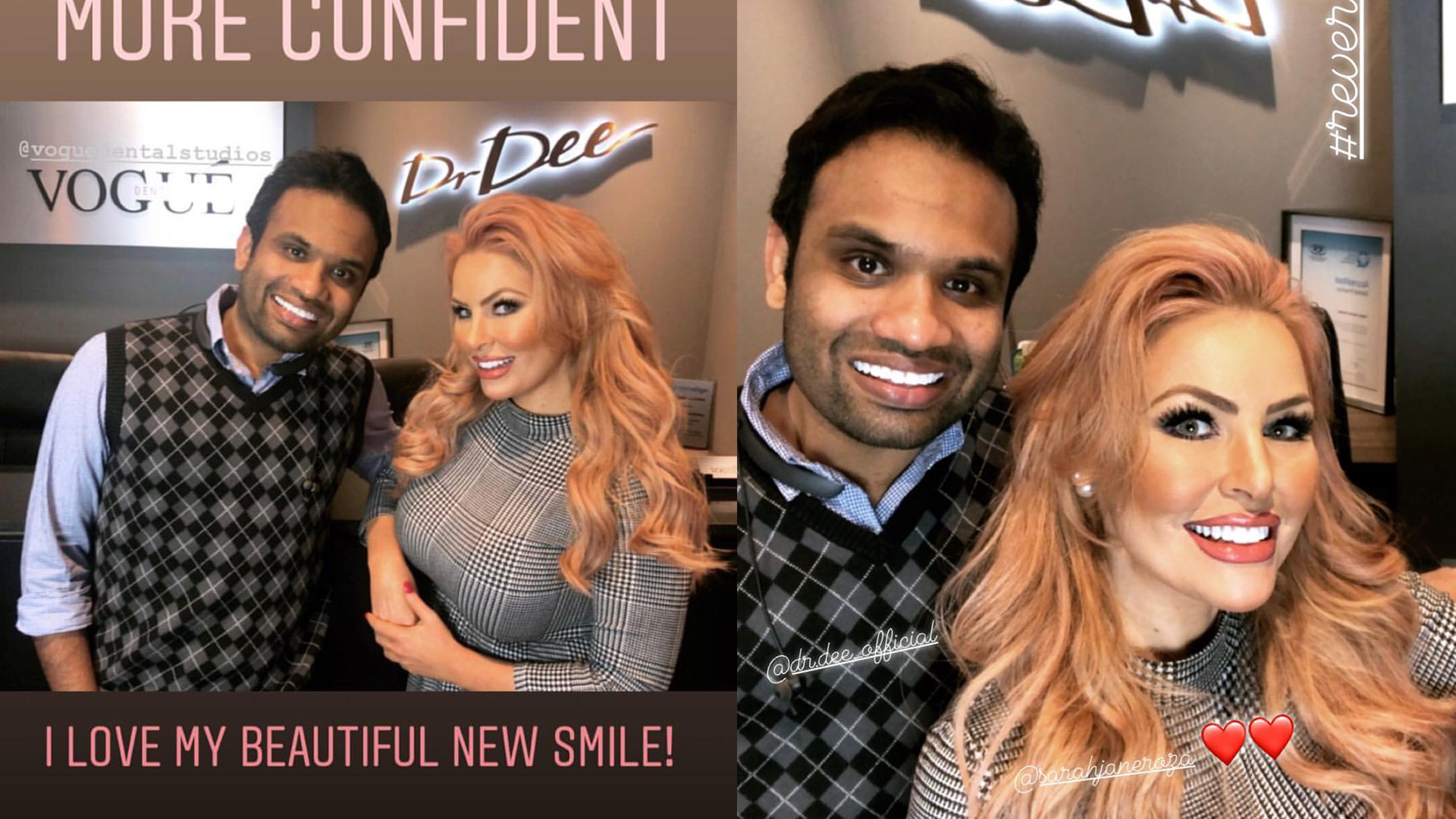 Sarah Roza and Dr Deepan Duraisamy at Vogue Dental Studios Instagram story.