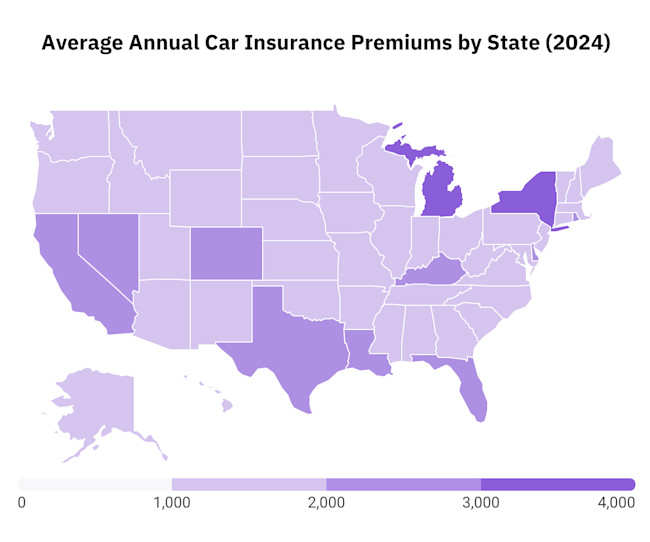 Map showcasing average annual car insurance premiums by state