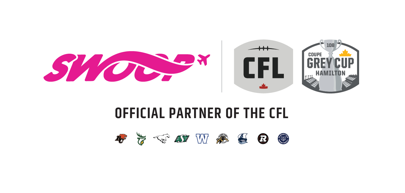 Swoop, Canadian Football Association and Grey Cup logos with "Official Partner of the CFL" text