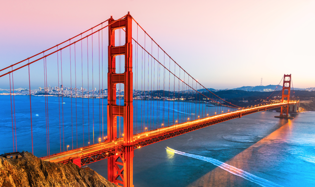 The Golden Gate Bridge connecting Oakland to San Francisco, California.
