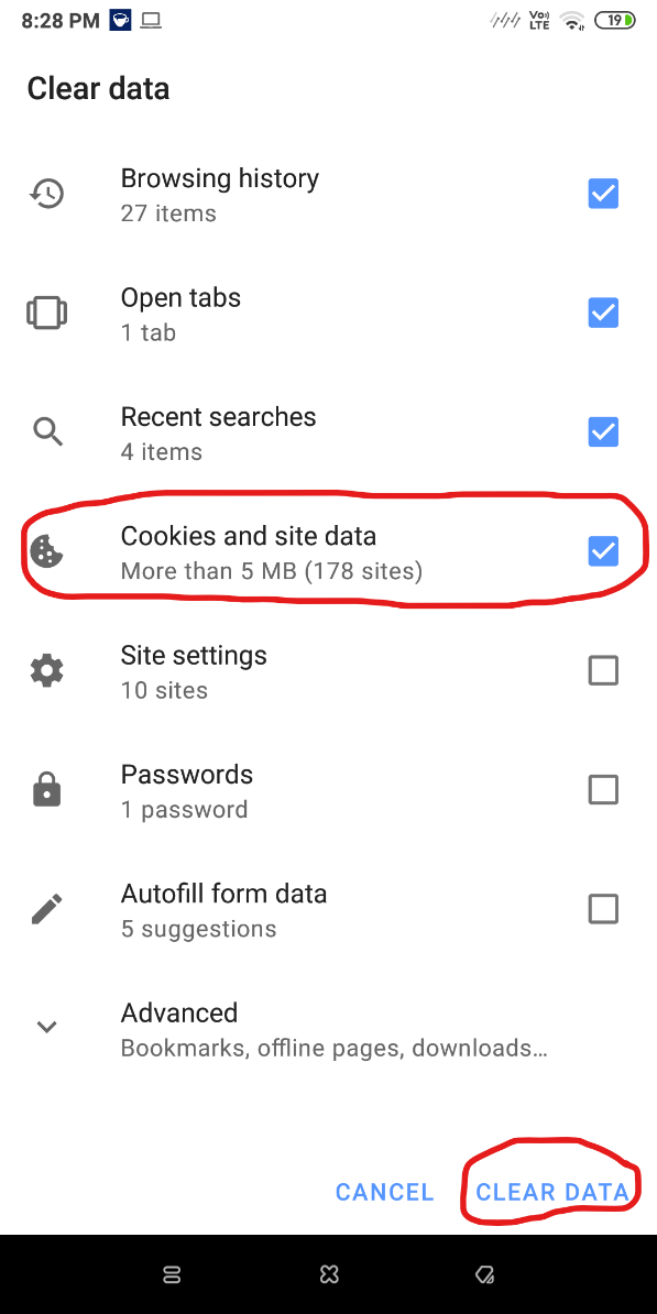 Cookies and Site Data Android