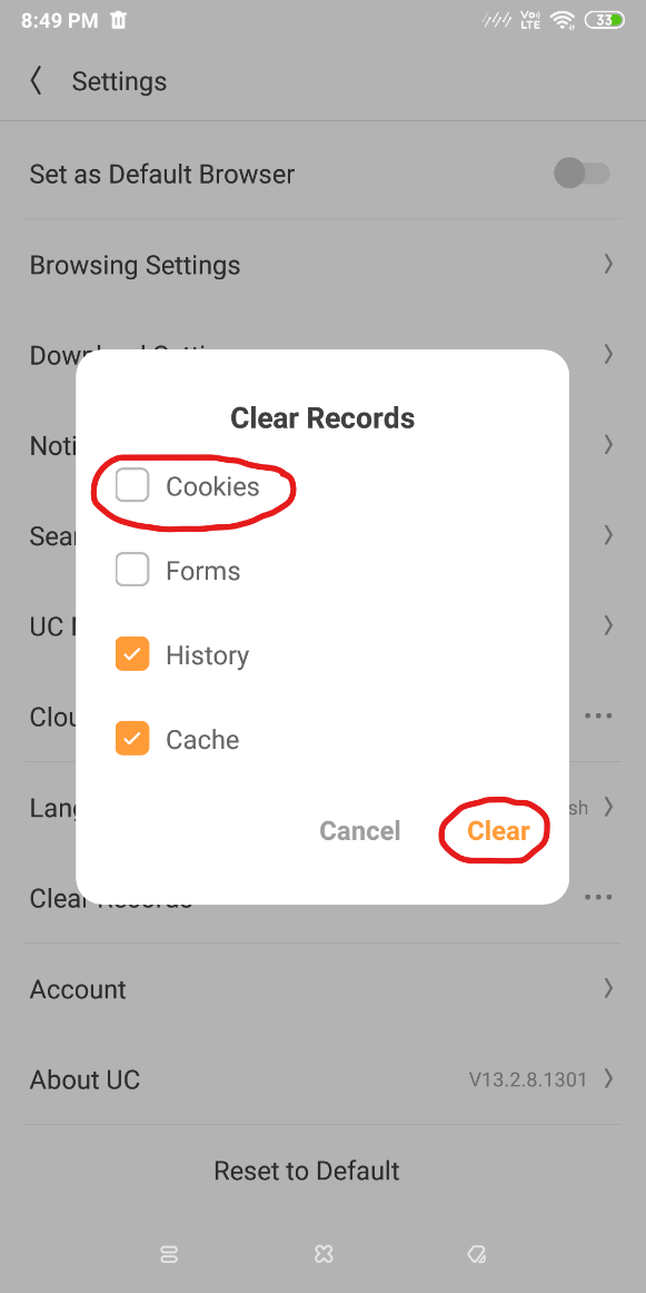 Cookies and Cache Browsing Data