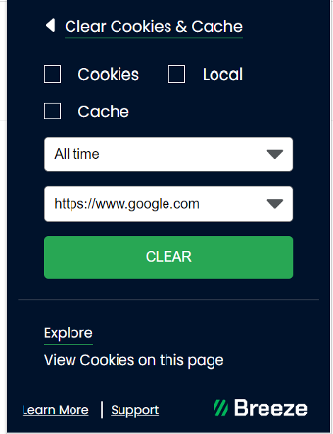 Breeze Clear Cookies and Cache