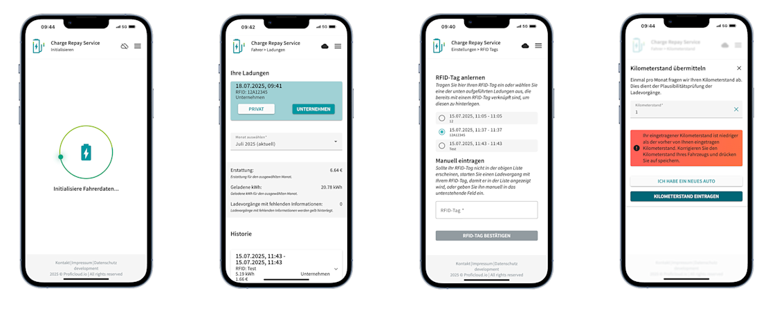 Vier Screenshots der Charge Repay Service App, die verschiedene Funktionen wie Initialisierung, Ladehistorie, RFID-Tag-Anlernen und Kilometerstand-Übermittlung zeigen.