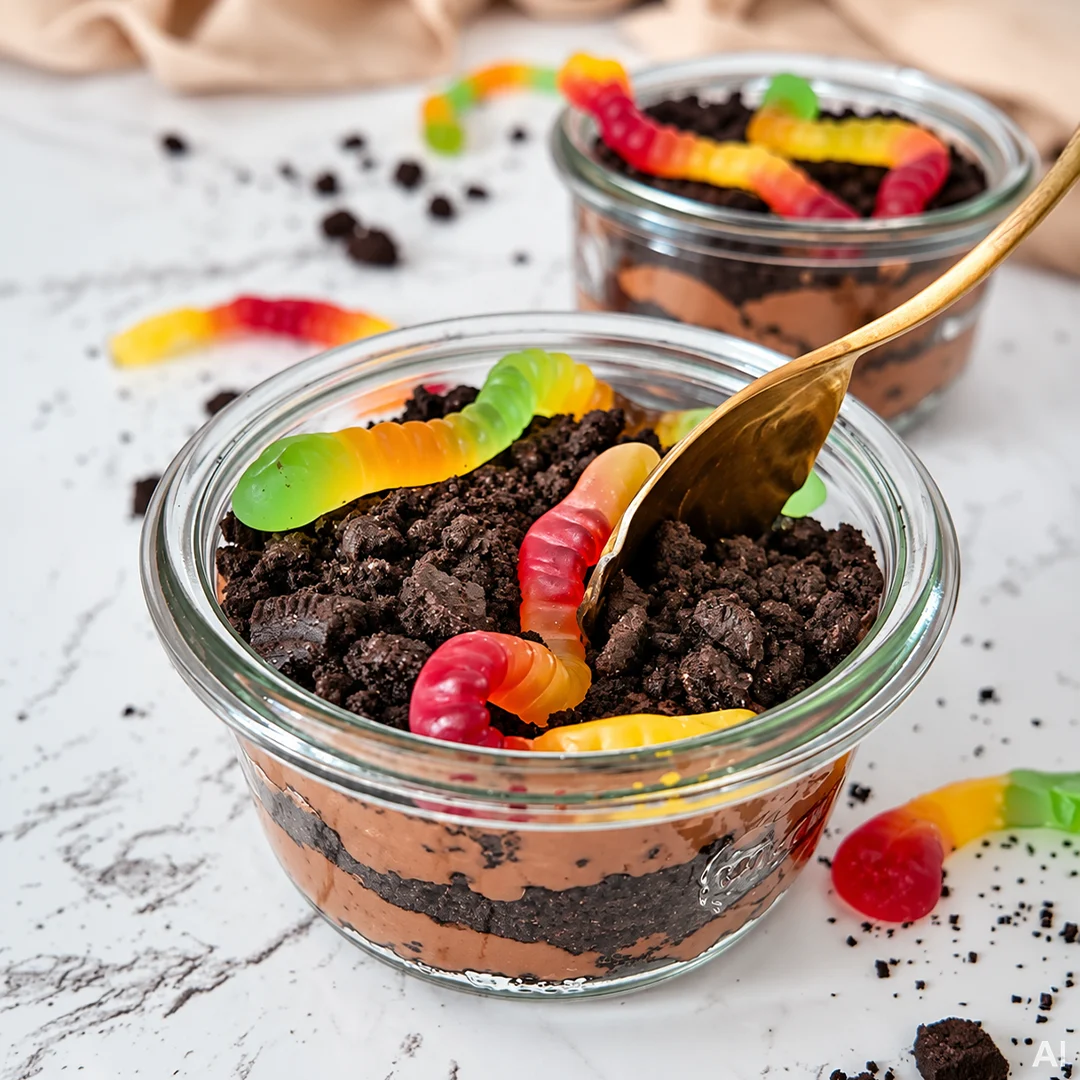 Img - Chokolade-mudderdessert med spiselige orme