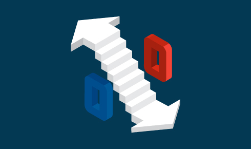 A 3D isometric illustration of a white staircase with arrows pointing both up and down at each end. On either side of the staircase, there are two large blocky numbers: a blue '0' on the left and a red '0' on the right. The background is a solid dark blue color.