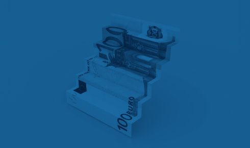 A digitally manipulated image of a €100 euro banknote forming a staircase, symbolizing financial growth, investment, or economic progress. The steps are seamlessly integrated into the design of the bill, creating a three-dimensional effect. The image has a monochromatic blue overlay, giving it a modern and conceptual appearance.