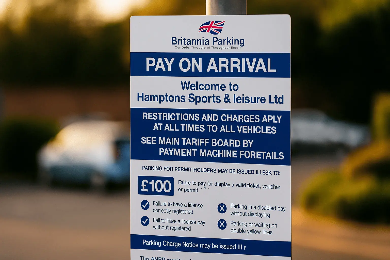 Pay on arrival Britannia Parking sign board