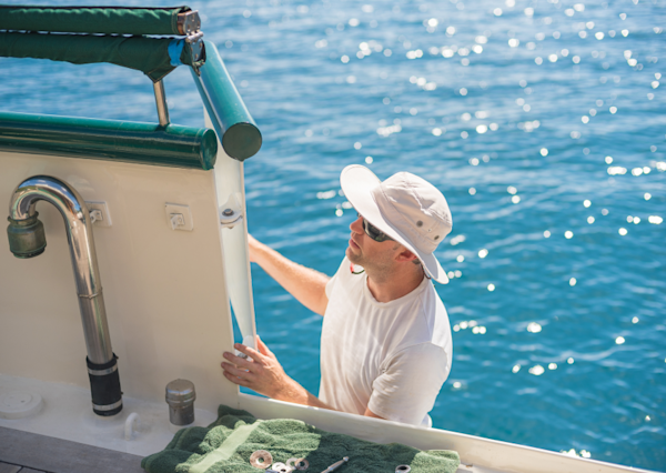 Man doing maintenance on side of boat while on the water