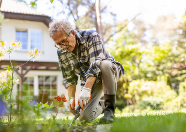 A mature man gardening outdoors