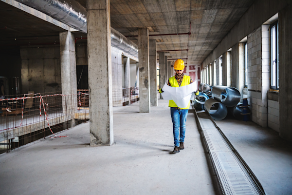 Construction worker on the job site looking at plans