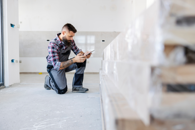 Man kneeling down while on his tablet with construction beams in the foreground