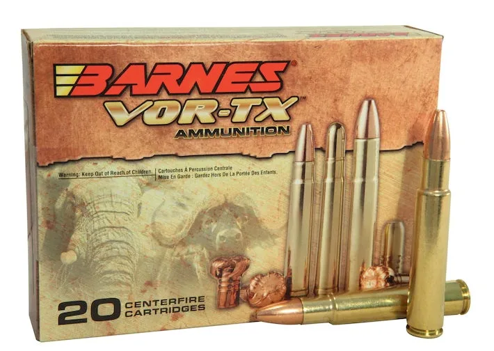 Barnes Vor-TX Safari ammo in .416 Rigby on a white background.