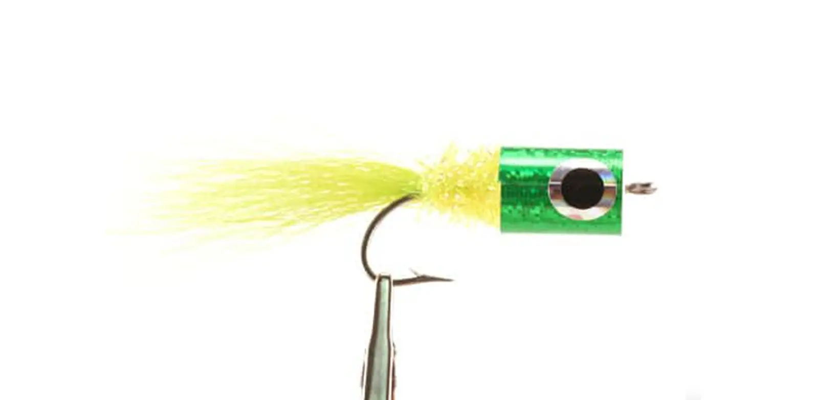 Green-and-yellow Banger fly pattern on white background