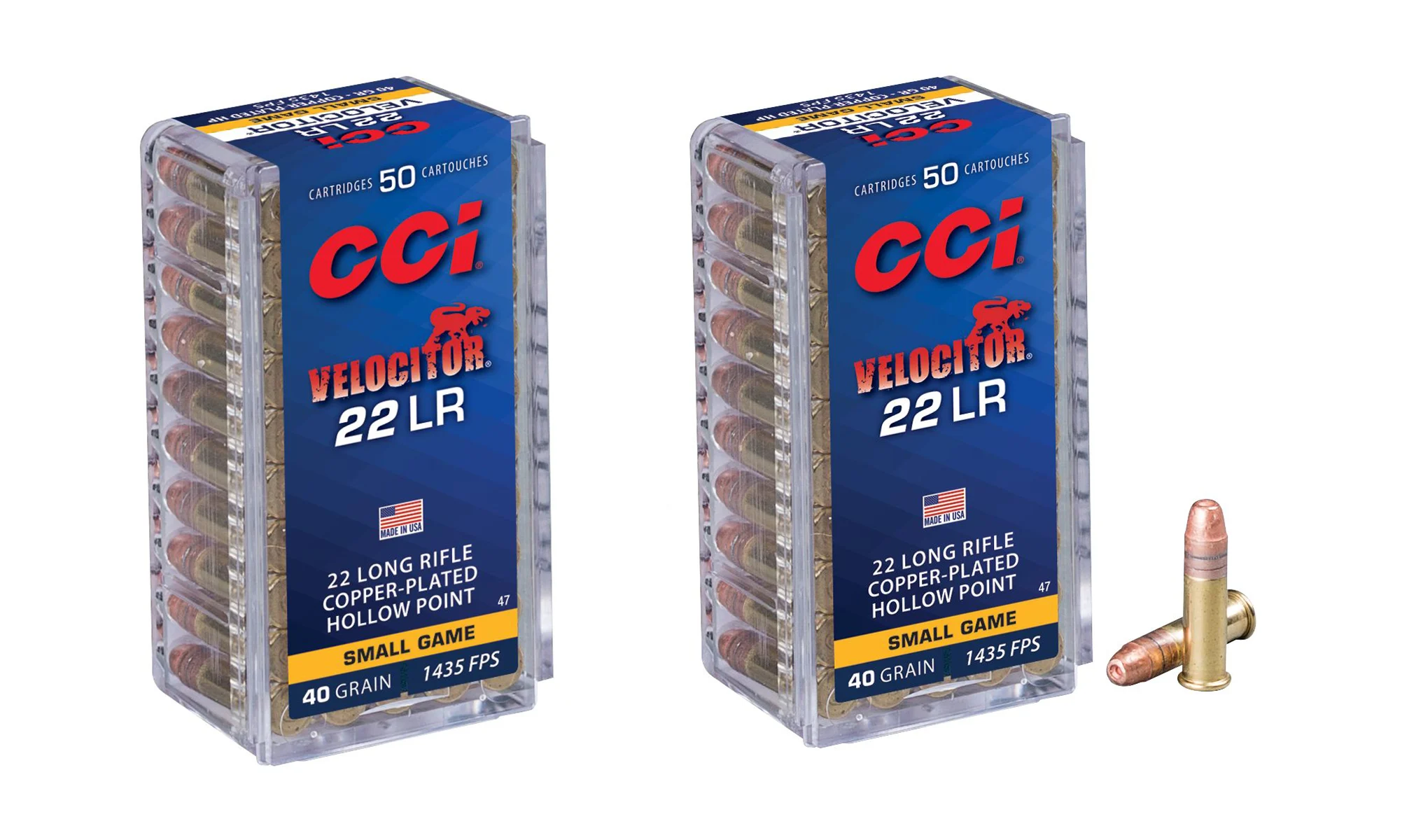 CCI 22 LR Velocitor 40-gr. HP ammo on a white background. 