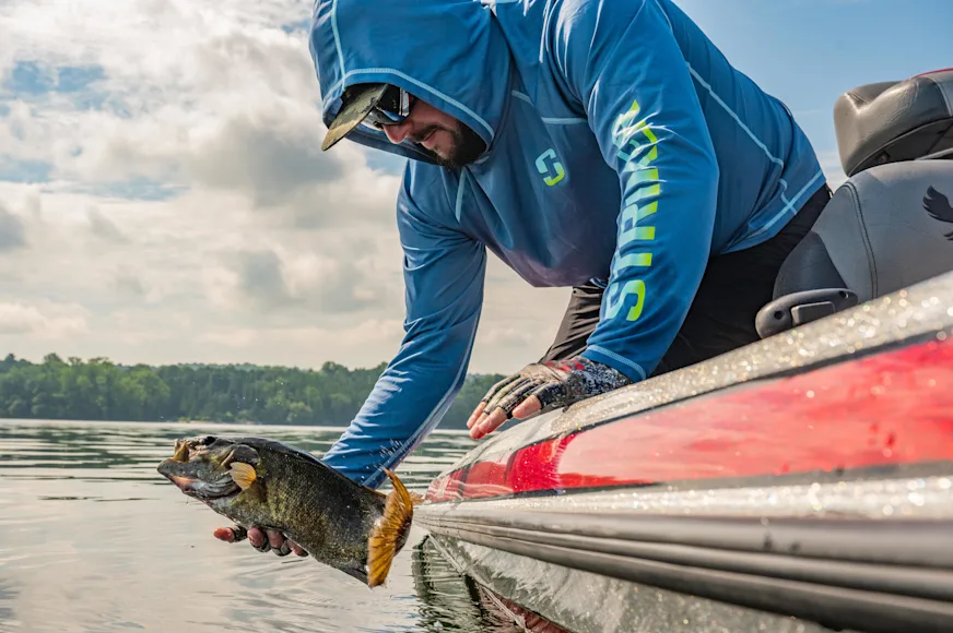 Angler releasing smallmouth bass