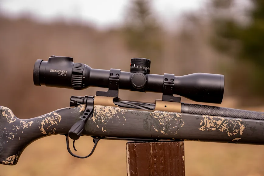 The new Swarovski Z5i rifle scope mounted on a rifle.