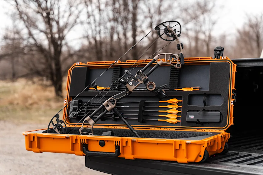 The new Prime Form compound bow in a case on the tailgate of a truck.