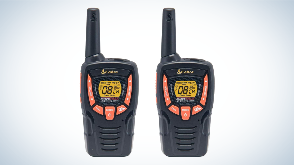 Cobra ACXT345 Weather-Resistant Walkie Talkies on gray and white background