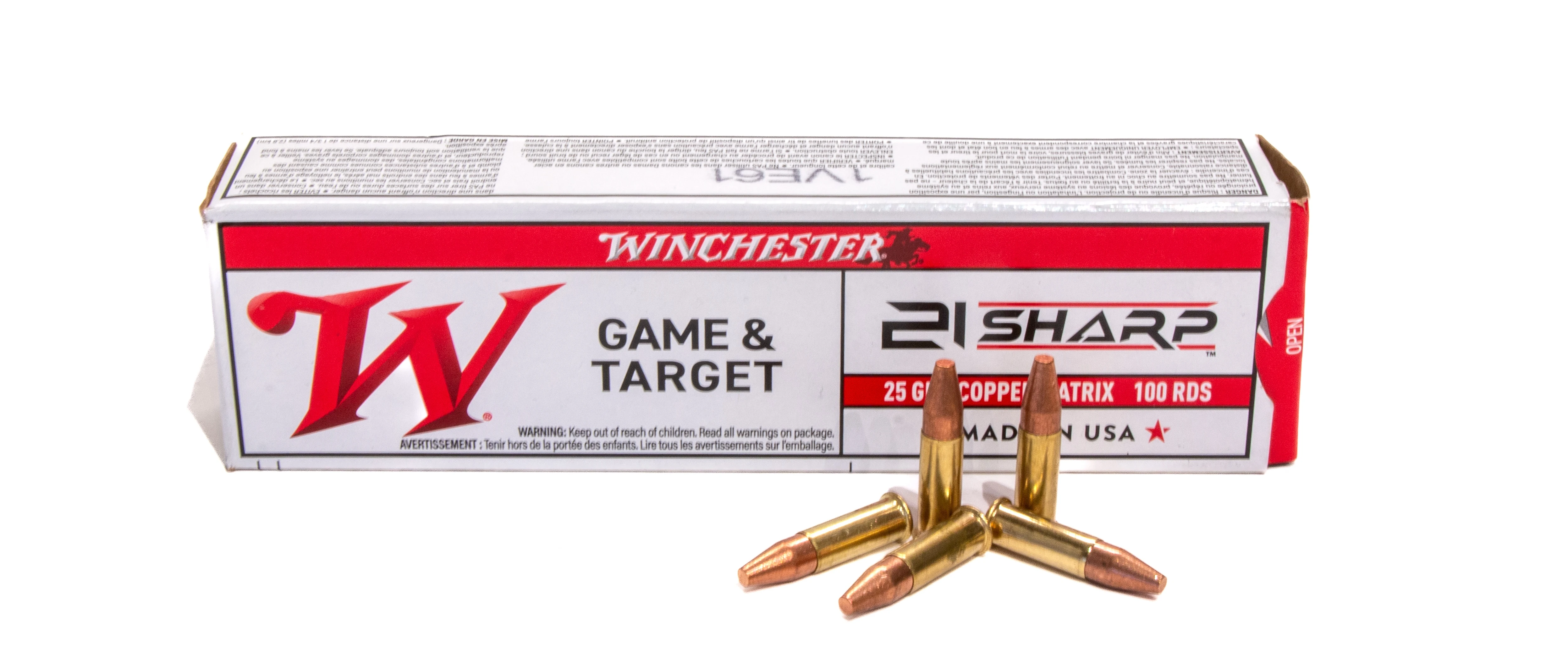 Winchester's new 21 Sharp rimfire ammo on a white background. 