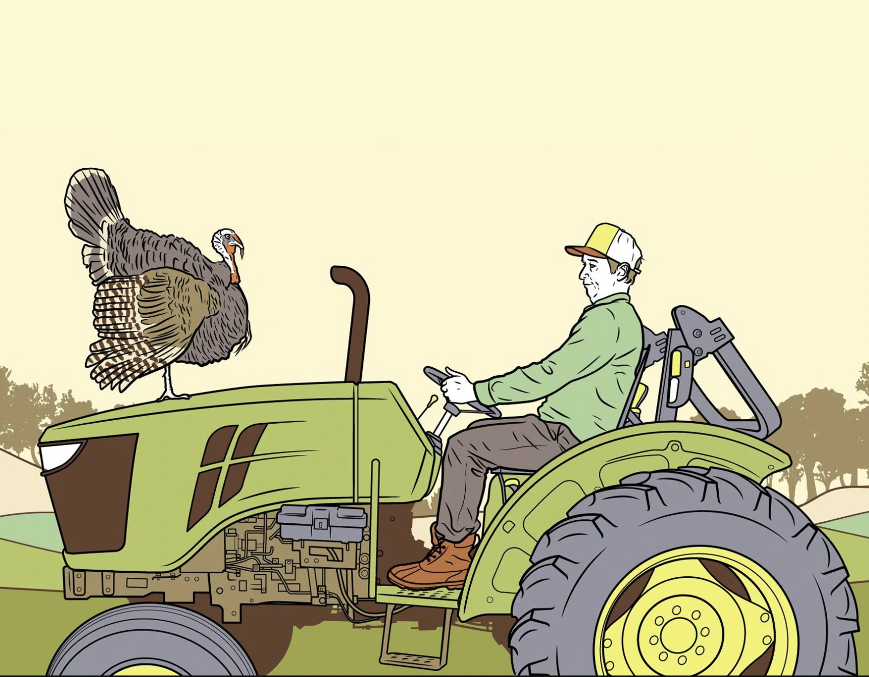 Stupid Birds ThumbnailIllustration of a tom turkey strutting on top of a farmer's tractor. 
