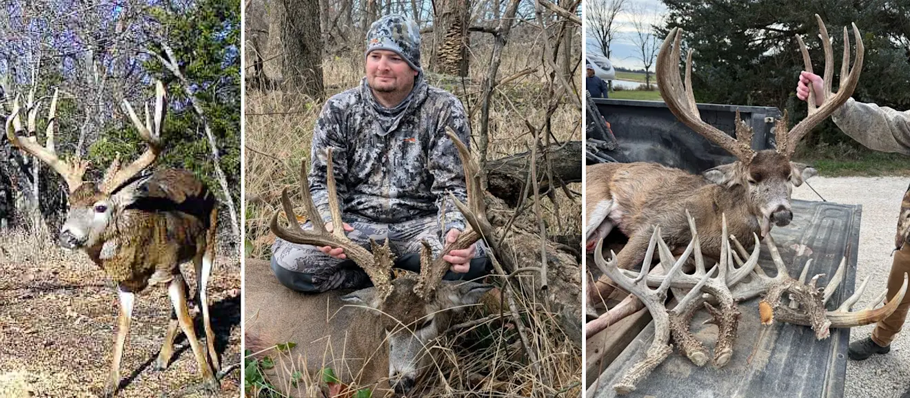 A grid of three photos showing a hunter and the big whitetail buck he took in Kansas.