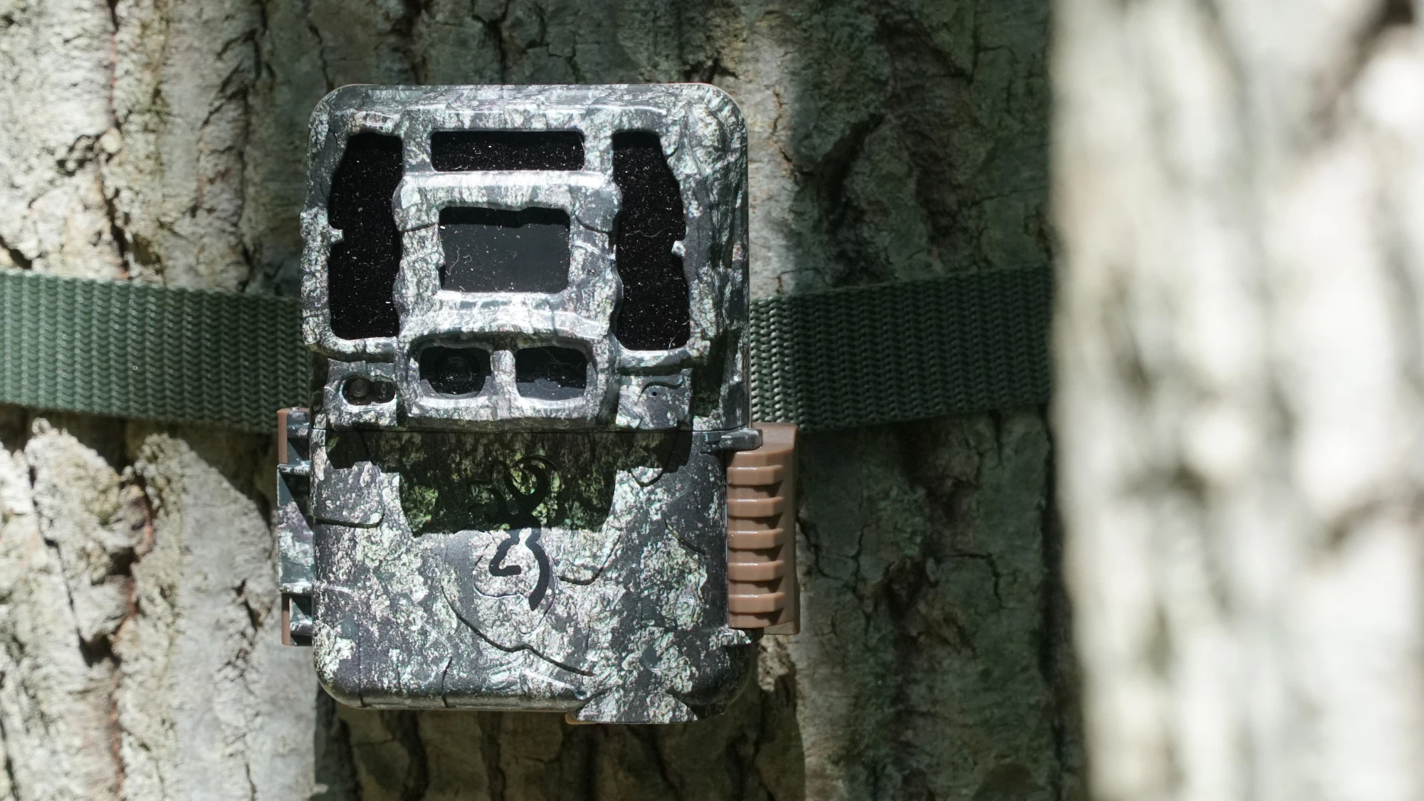 Browning Dark Ops DCL Nano trail camera attached to a tree.