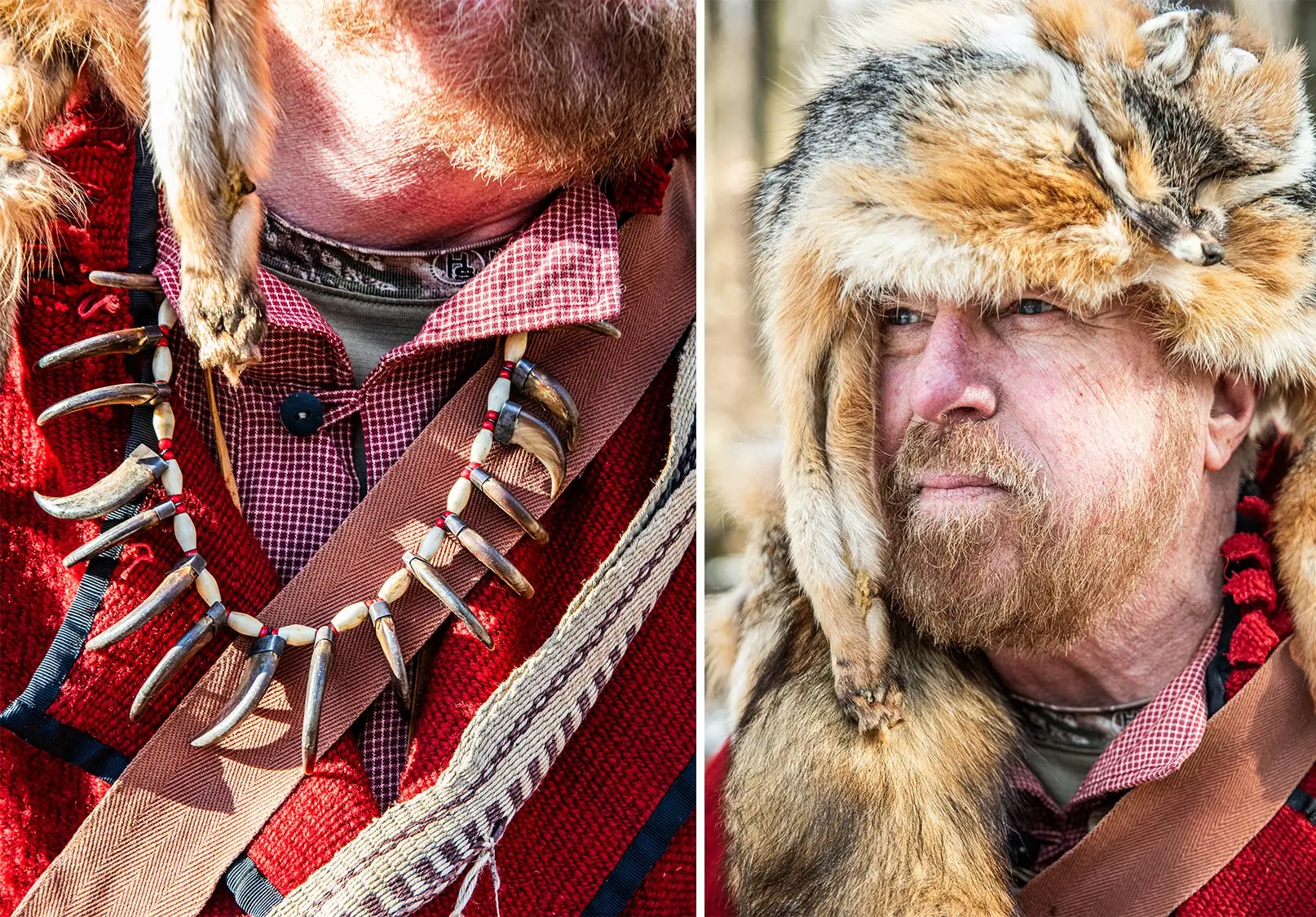 Traditional flintlock hunter dressed in fox-fur hat and beaver-claw necklace