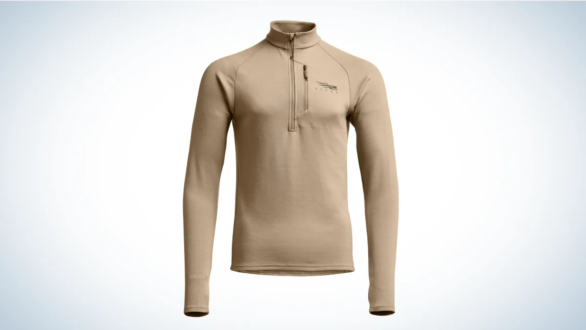 Sitka Core Merino 330 Half-Zip on gray and white background