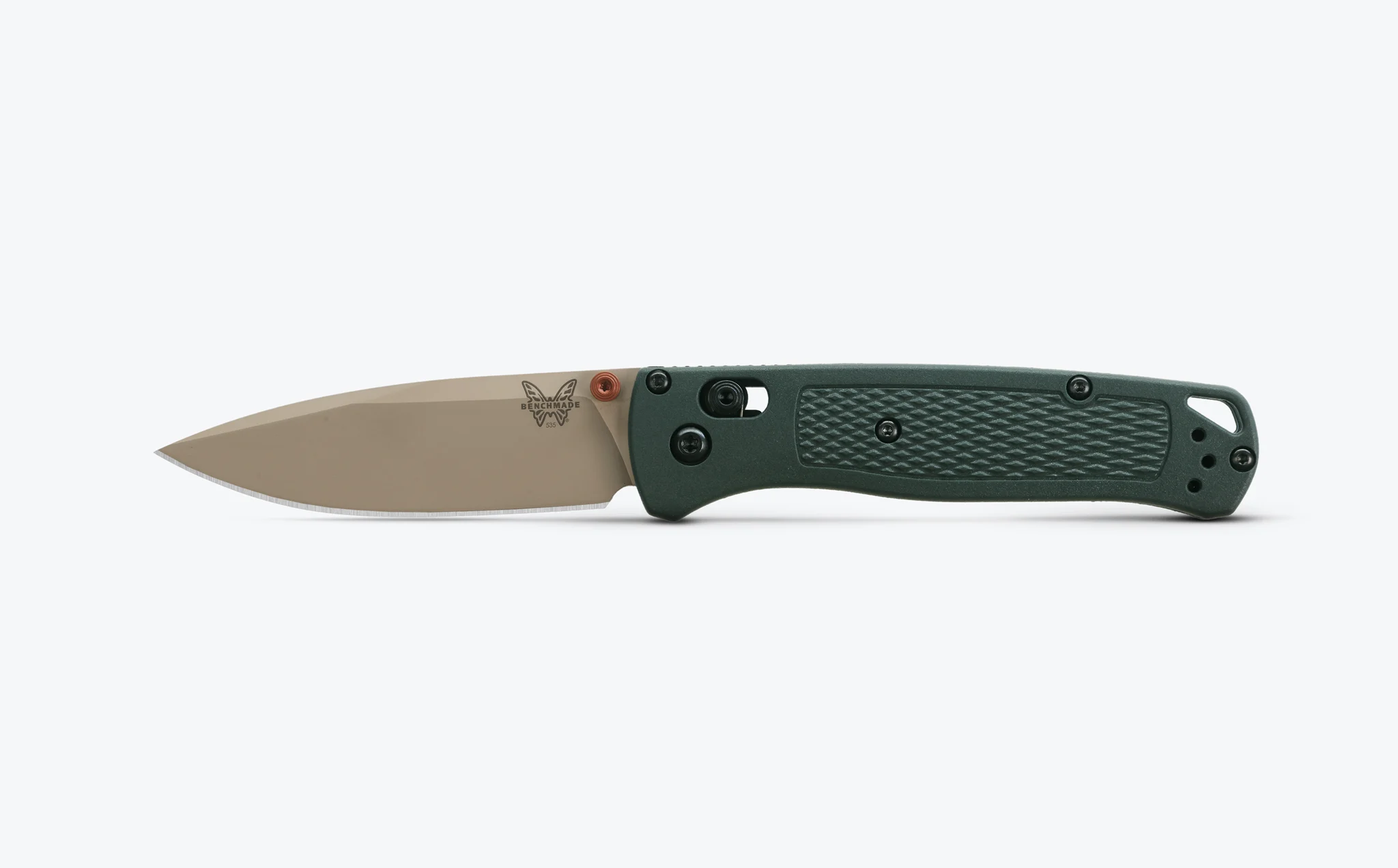 Benchmade Taiga Green folding knife on a white background.
