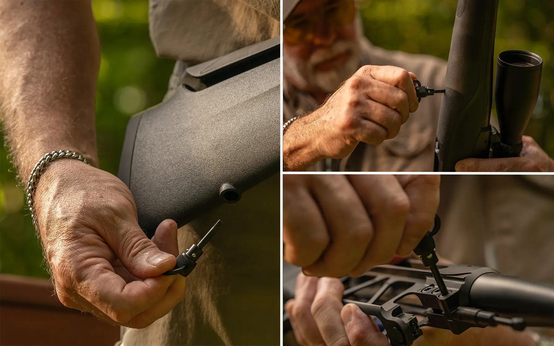 Photo grid showing how the rear swivel stud acts as a hex wrench to break the gun down.