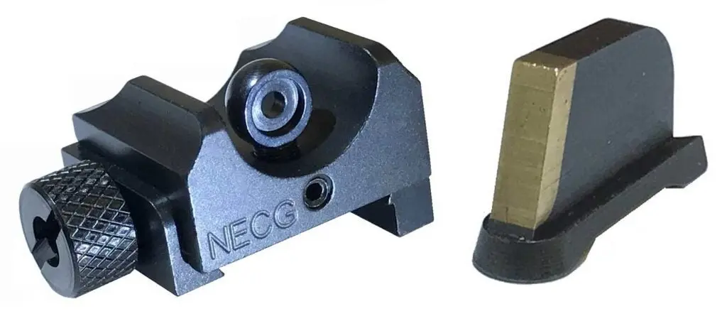 A blade front sight matched with a rear ghost ring.