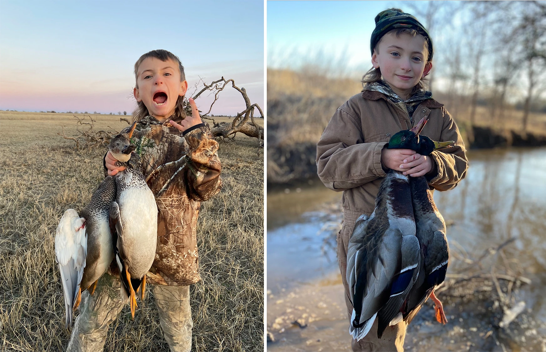 a boy hold up ducks taken by his father on a hunt