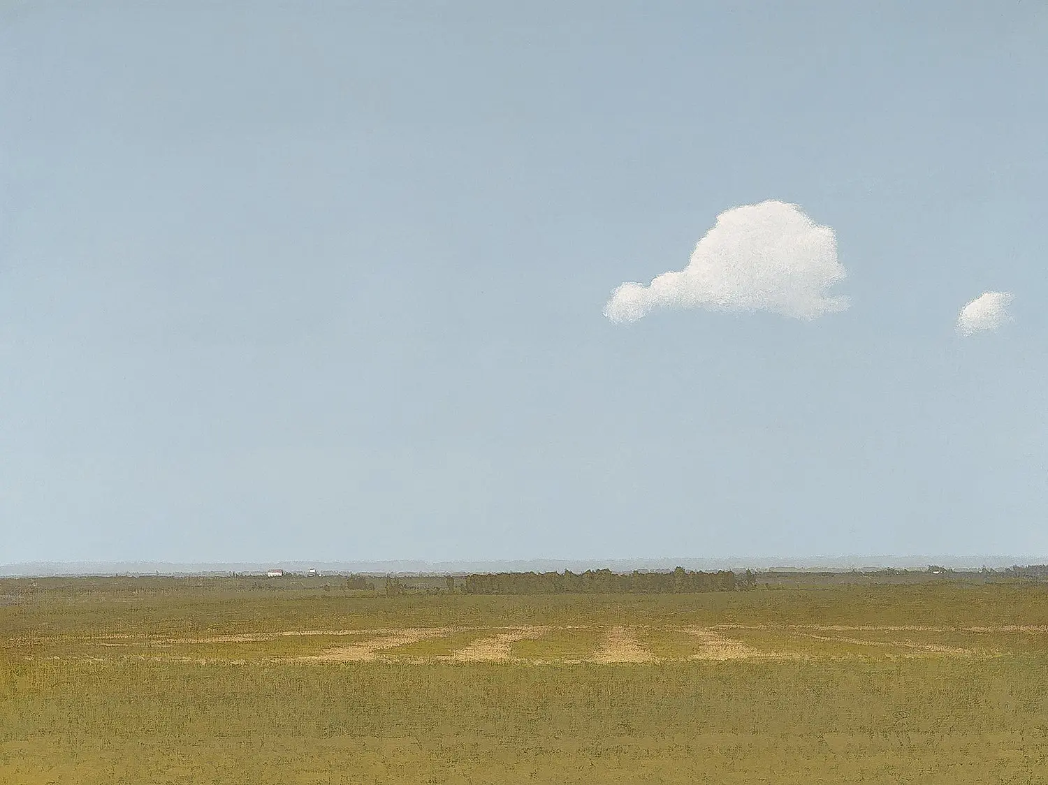 painting of hayfield with trees in the distance and some buildings and big sky with a few clouds