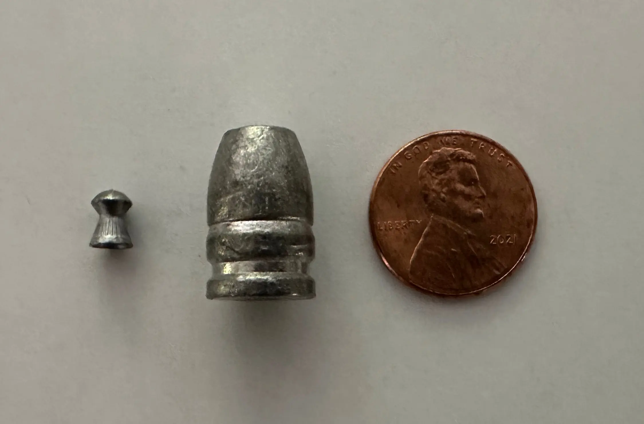 An 8-grain .177 pellet compared to a 279-grain Benjamin .457 slug.