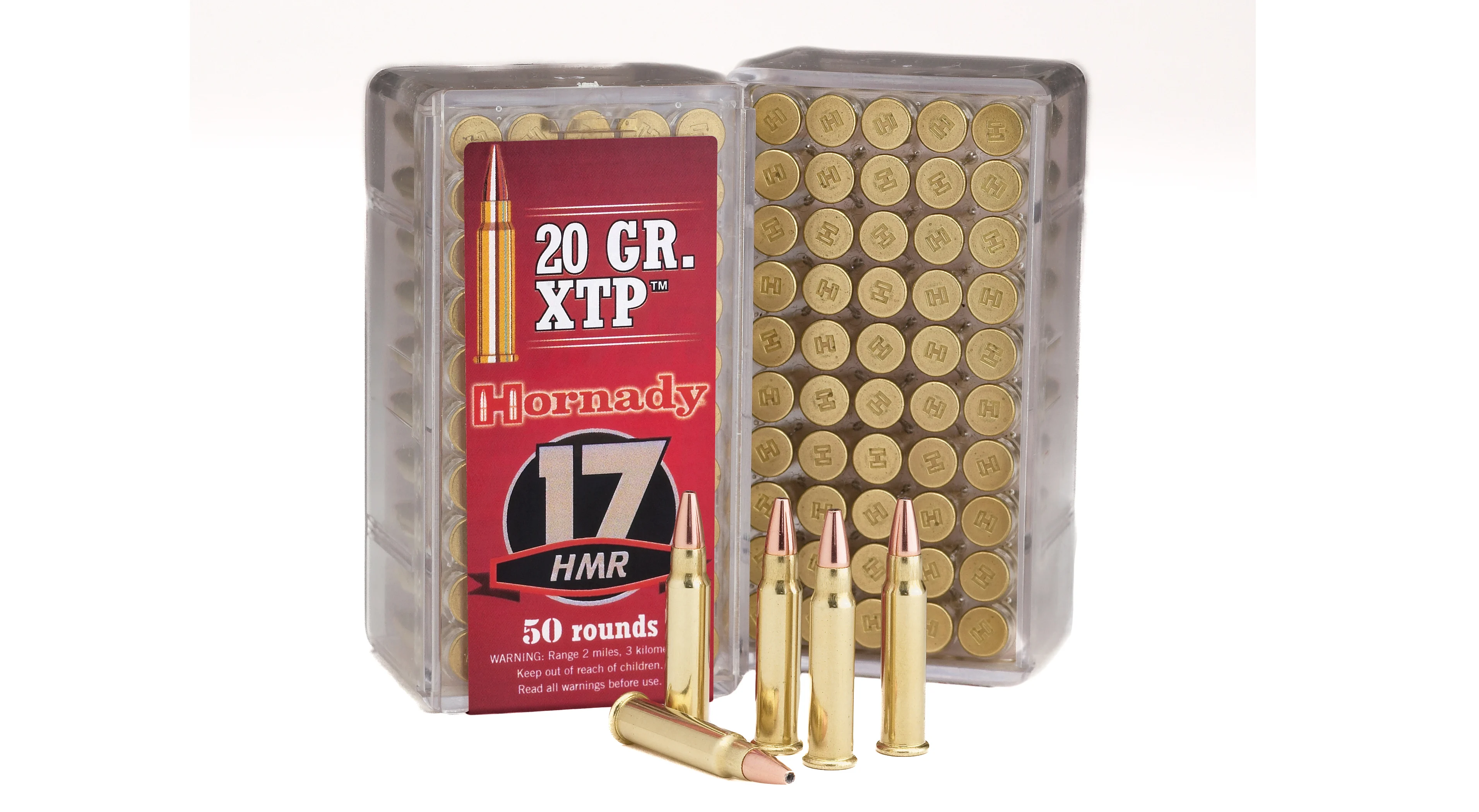 Hornady 17 HMR varmint ammo on a white background.