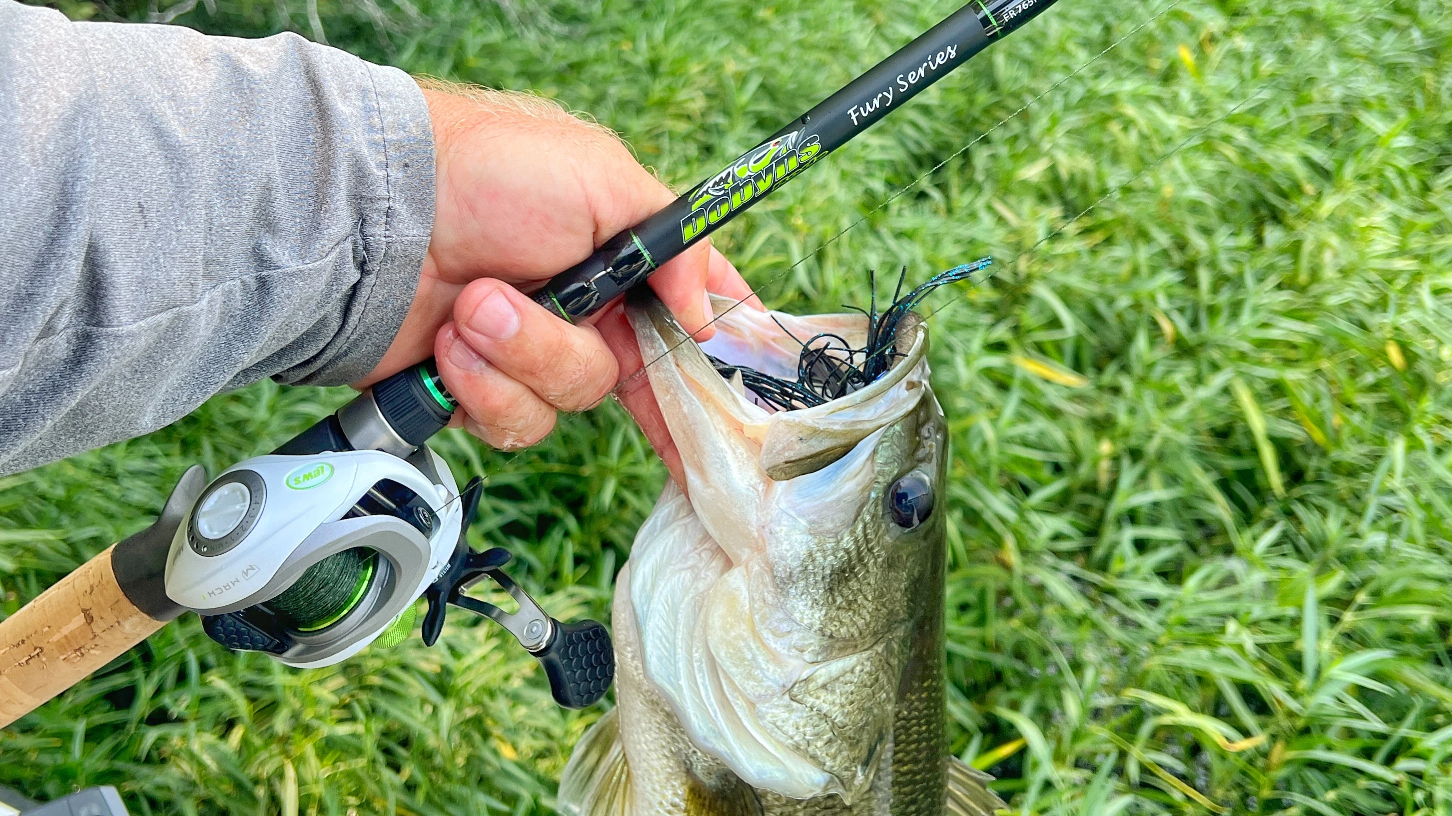 Angler holding fishing rod and bass with a jig in it's mouth