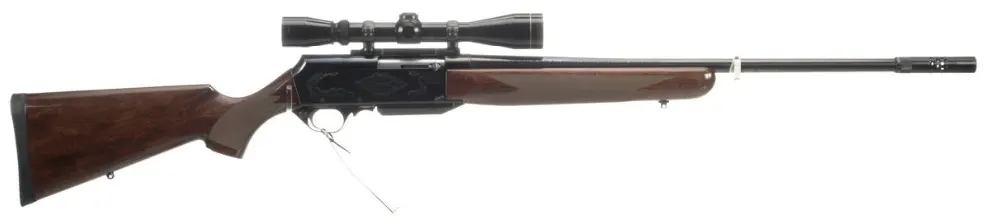 A Browning BAR semiautomatic hunting rifle on white background.