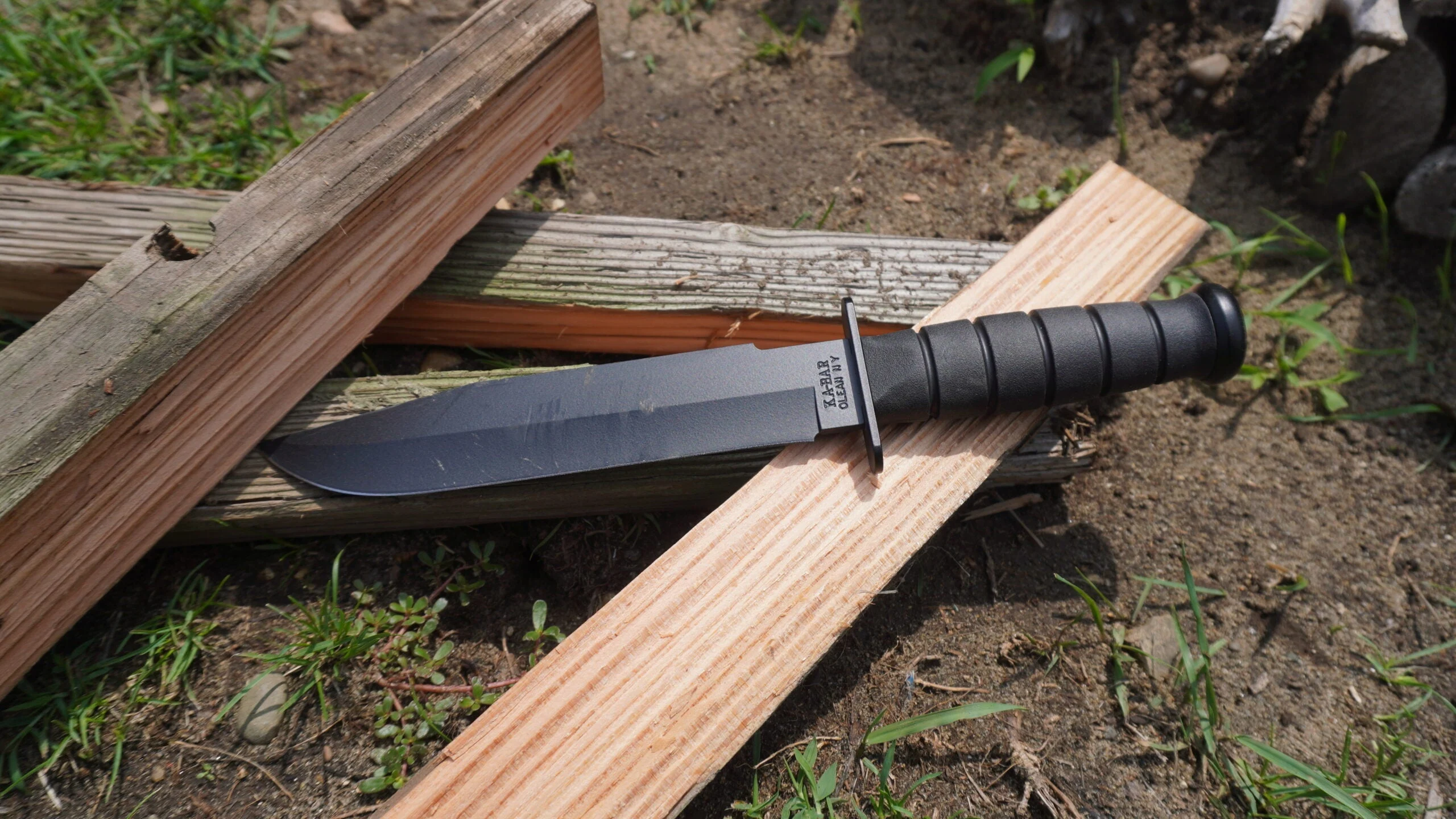 close-up of Ka-Bar Fighter knife during testing