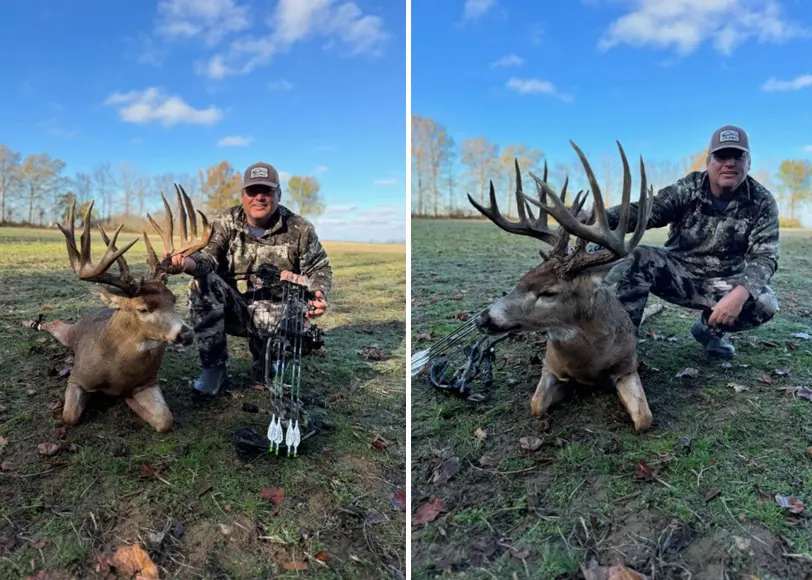 A bowhunter poses with a 220-inch whitetail in Indiana. 