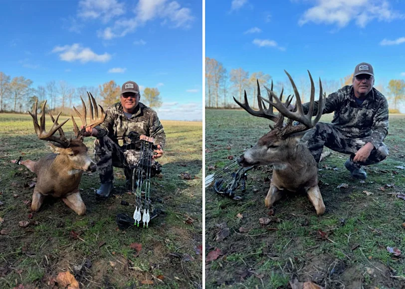 A bowhunter poses with a 220-inch whitetail in Indiana.
