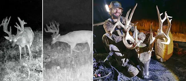 Two trail-cam photos of a 255 inch trophy whitetail and a picture of a hunter posing with the buck. 