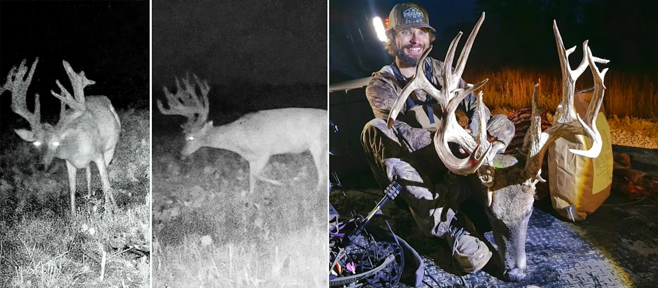 Two trail-cam photos of a 255 inch trophy whitetail and a picture of a hunter posing with the buck.