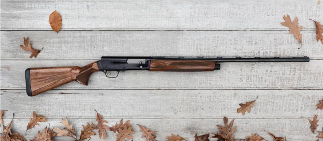 Browning A5 Hunter 20-gauge on a wood background with some fall leaves scattered. 