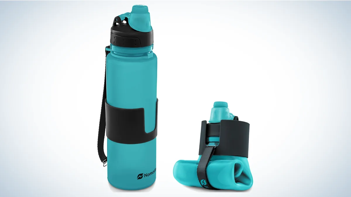 Nomader Collapsible Water Bottle on gray and white background