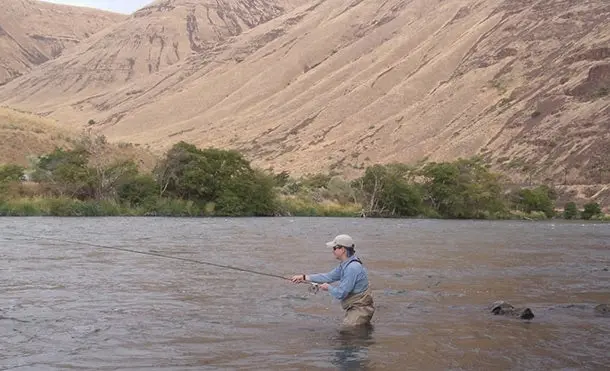 An angler wades in the water of a river while fly fishing.